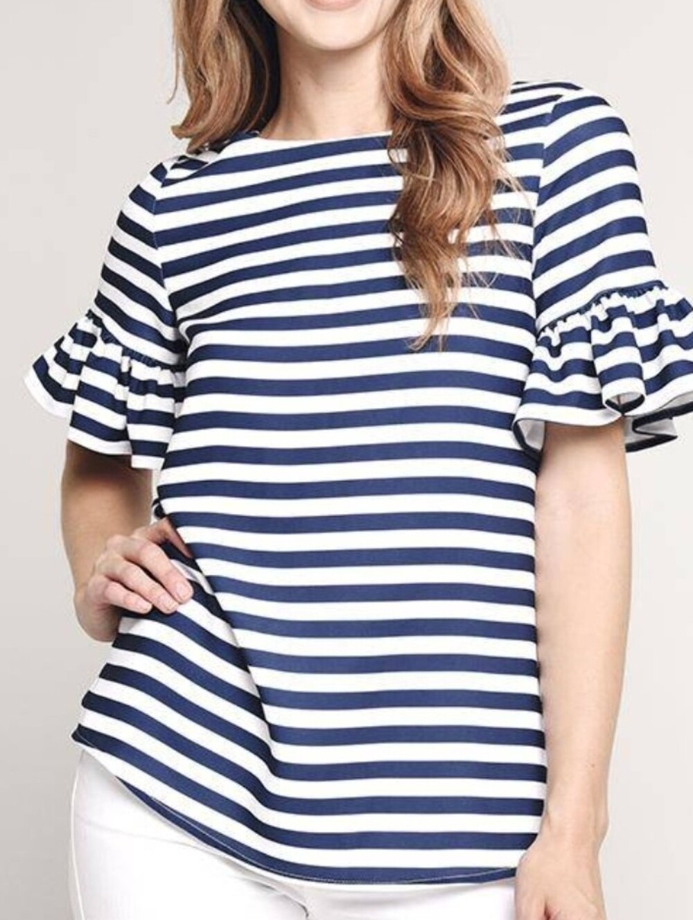 Jane & Delancey Striped Navy and White Ruffle Sleeve Top